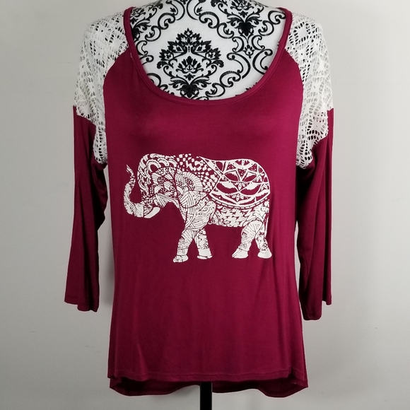 Discreet Tops - Women's Discreet XL elephant 3/4 Burgandy blouse